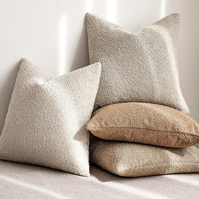 Foindtower Decorative Boucle Throw Pillow Covers Accent Solid Pillow Cases Cozy Soft Textured Couch Cushion Case for Chair Sofa Bedroom Living Room Home Decor 22 x 22 Inch,Light Beige