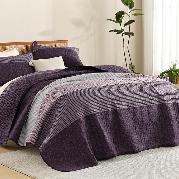 Litanika Quilt Queen Size Purple and Grey, Stripe Patchwork Summer Bedspread Coverlet 3 Pieces, Soft Lightweight Microfiber Quilted Bedding Set for All Season(1 Quilt, 2 Pillowcases)