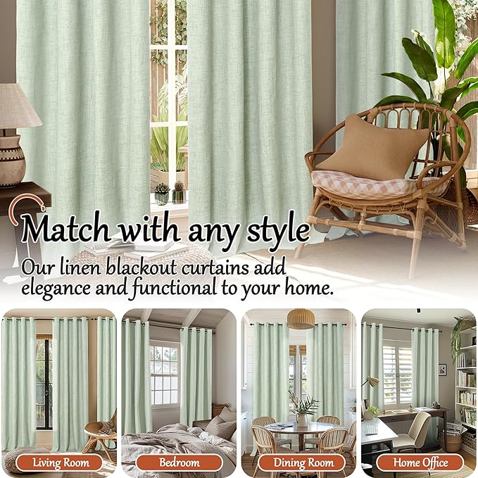 Lajode Sage Green Blackout Curtains for Living Room - Spring Linen Curtains 84 Inch Length Thermal Insulated Privacy Burlap Window Drapes for Bedroom Scandinavian Farmhouse, 2 Panels Each 52" Wide