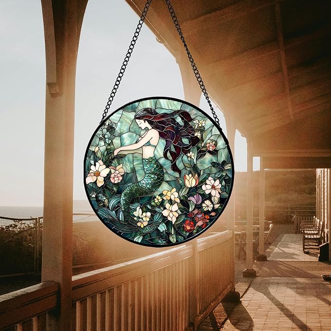 Stained Glass Window Hanging - Teal Sleeping Mermaid Suncatcher for Door Terrace Garden Home Decor, Sea of Flowers Sun Catcher Birthday Gifts for Lovers Women Men Dad Mom Nana 6.3 in
