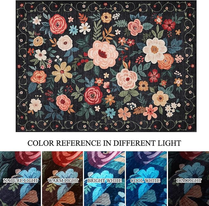 DUKINO 4x6 Feet Office Chair Mat, Lightweight Non Slip Washable Floral Area Rug, Indoor Low Pile & Non-Shedding Boho Design Rugs for Bedroom, Living Room, Dining Room, Black