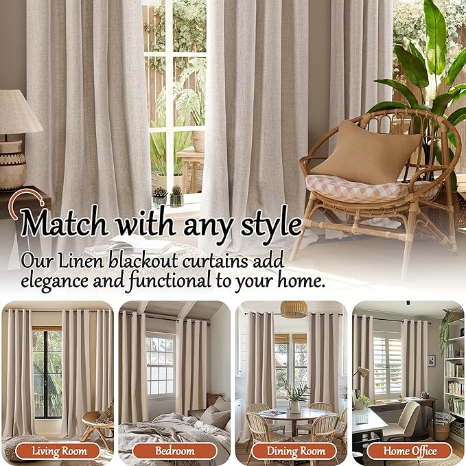 Lajode Linen Blackout Curtains 54 Inch Length 2 Panels for Bedroom, Thermal Insulated Total Light Blocking Noise Reducing Window Curtains for Farmhouse, Bronze Grommet, Beige, Each 52" Wide