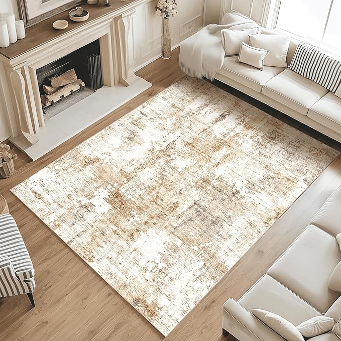FMFUNCTEX 6x9 Washable Area Rug Brown Grey Neutral Abstract Modern Large Non Slip Carpet for Living Room Bedroom Soft Low Pile Indoor Mat Accent Throw Rug for Dining Kitchen Office Nursery, Grey Gold