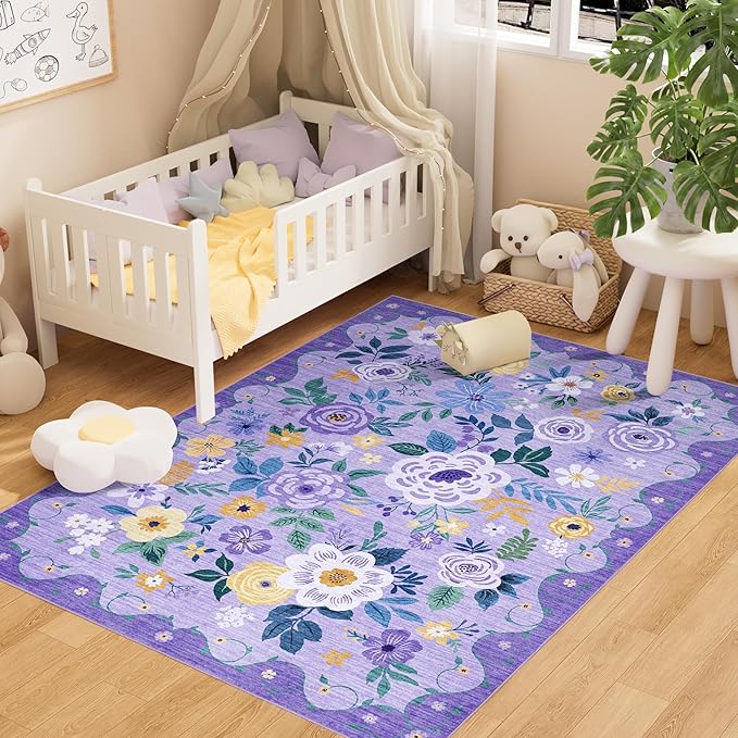 DUKINO 4x6 Area Rug, Lightweight Non Slip Washable Floral Rug, Indoor Low Pile & Non-Shedding Boho Design Rugs for Bedroom, Living Room, Dining Room, Purple