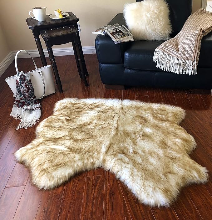 Free Shape Luxury Soft Fluffy Shag Area Rug Double Side by Side 3'x4', 90x120cm - Vegan Fur Ultra Soft Indoor Carpet Nursery Rugs for Bedroom Home Decor, White with Brown Tips