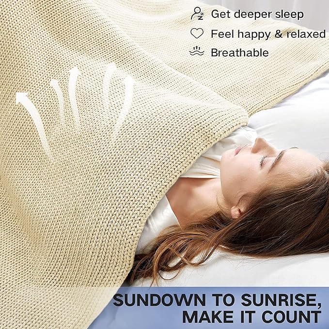 Guohaoi Knitted Weighted Blanket for Adults (Cream 60"x80" 25lbs) No Beads Cooling Throw Blanket for Hot Sleepers, Home Decor Breathable Chunky Knit Heavy Blanket Use on Queen/King Size Bed