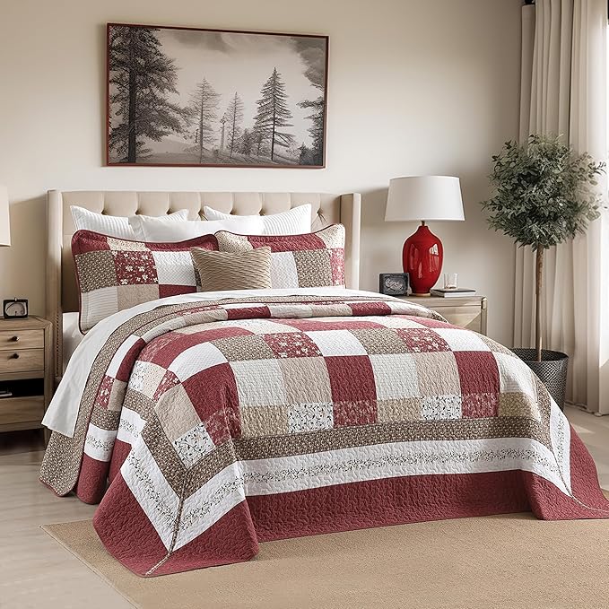 100% Cotton Oversized King Bedspread 128"x120" - Lightweight French Vintage Country Quilt - 3 Piece Super King Bedspreads Coverlet Set - Reversible Plaid Floral Bedding in Burgundy/Beige/Taupe/White