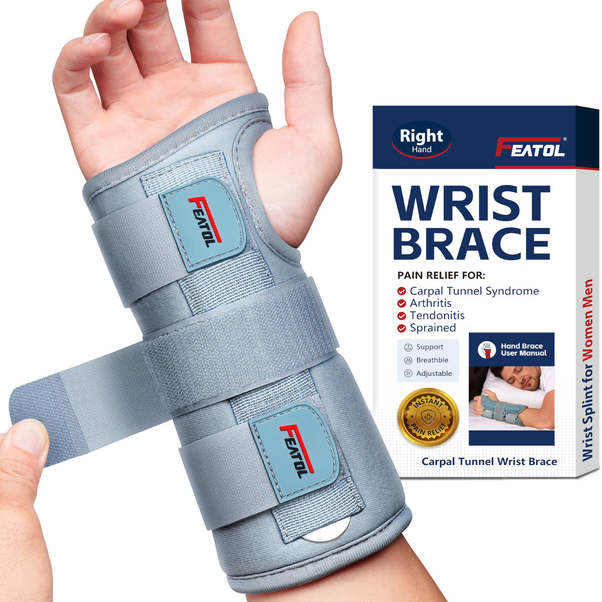 FEATOL Wrist Brace Carpal Tunnel for Women Men, Adjustable Night Sleep Support Brace with Splints Right Hand, Large/X-Large