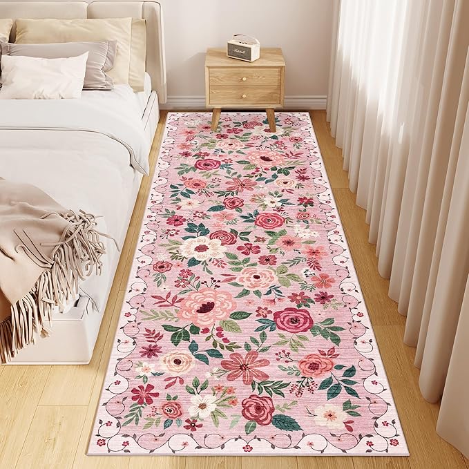 DUKINO 2x10 Kitchen Runner Rug for Hallway, Washable Runner Rug with Non Slip Backing, Low Pile Soft Boho Floral Carpet for Kitchen, Hallway, Entryway, Laundry, Bedroom, Pink