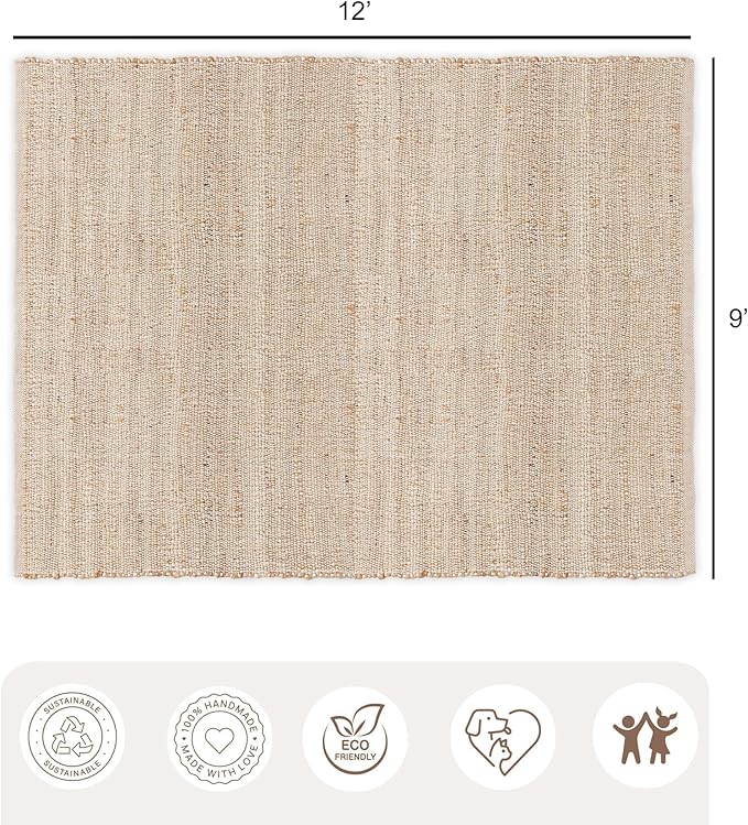 REDEARTH · Jute Cotton Area Rug - 9'x12' Rectangular Rug, Sustainable Handwoven, Non-Shedding, Soft & Durable – Reversible, Neutral Tones for Home Décor in Living Room, Dining Room, Bedroom