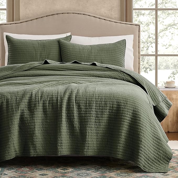 WDCOZY 100% Cotton King Size Quilt Set - Olive Green Striped Pick Stitch Soft Lightweight Bedspread, Textured Like Linen, Farmhouse Country Rustic Coverlet, Shabby Chic Gauze Bedding, 3 Pieces