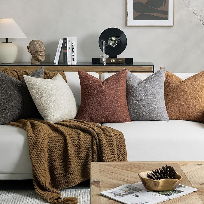 Fall Decorative Throw Pillow Covers 22 x 22 Inch, Set of 2, Thanksgiving Autumn Harvest Decor Boucle Cushion Pillow Cover for Couch Bedroom Sofa Living Room, Burnt Orange