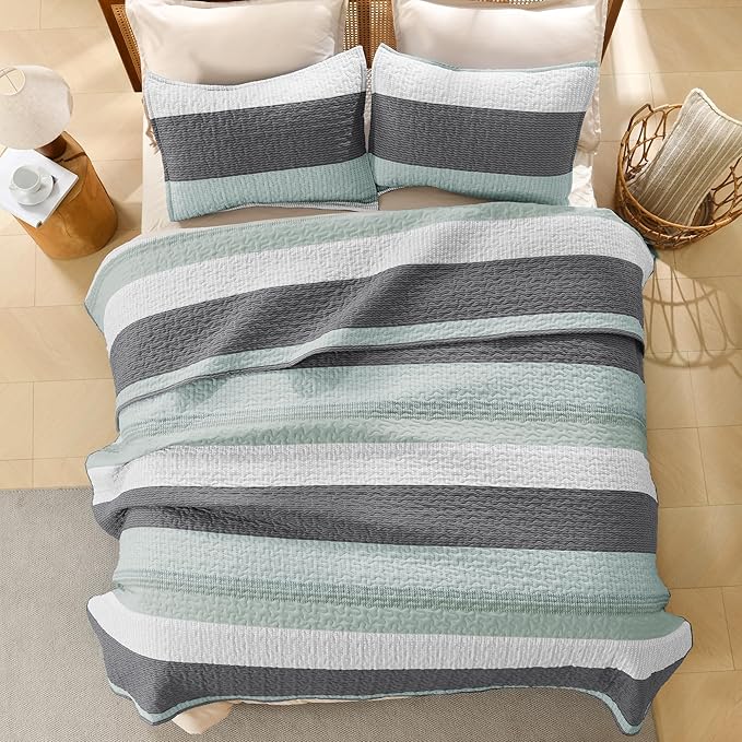 Litanika Oversized King Quilt Set Sage Green, 120x120 Stripe Bedspread Coverlet 3 Pieces, Sage Green Lightweight Quilted Bedding Set for All Season(Super King-1 Quilt, 2 Pillowcases)