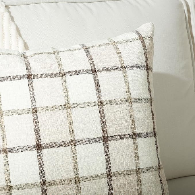 Stellhome Pack of 2 Faux Linen Buffalo Check Throw Pillow Covers, Farmhouse Plaid Decorative Cushion Covers for Couch Sofa Living Room, 26x26 Inch, Beige