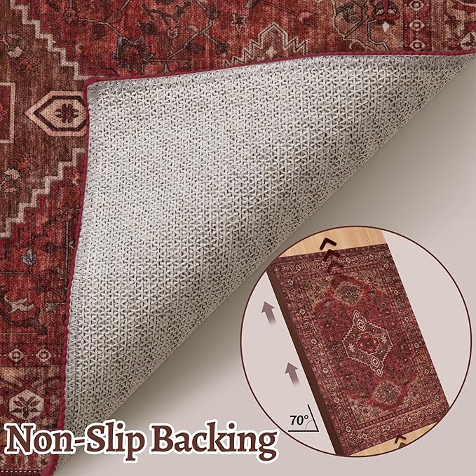 Tangsoo 3x5 Washable Rugs Oriental Area Rug, Vintage Non Slip Indoor Accent Rug, Print Distressed Dark Red Carpet, Soft Low Pile Rug for Living Room Dining Bedroom Bedside Entryway