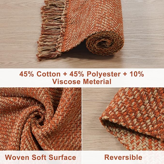 Collive Kitchen Runner Rug, 2' x 4.3' Hand-Woven Reversible Washable Rugs, Terracotta Cotton Modern Farmhouse Bathroom Mat Hallway Carpet for Foyer Bedroom Entry Front Door Fall Decor