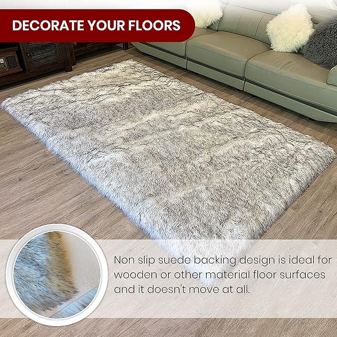 LAMBZY High Pile Super Fluffy Soft Faux Sheepskin Rug | Faux Sheepskin Rugs for Living Room Playroom Bedroom | Classic Super Soft to Touch Rug (8'x11', White/Black Tips)