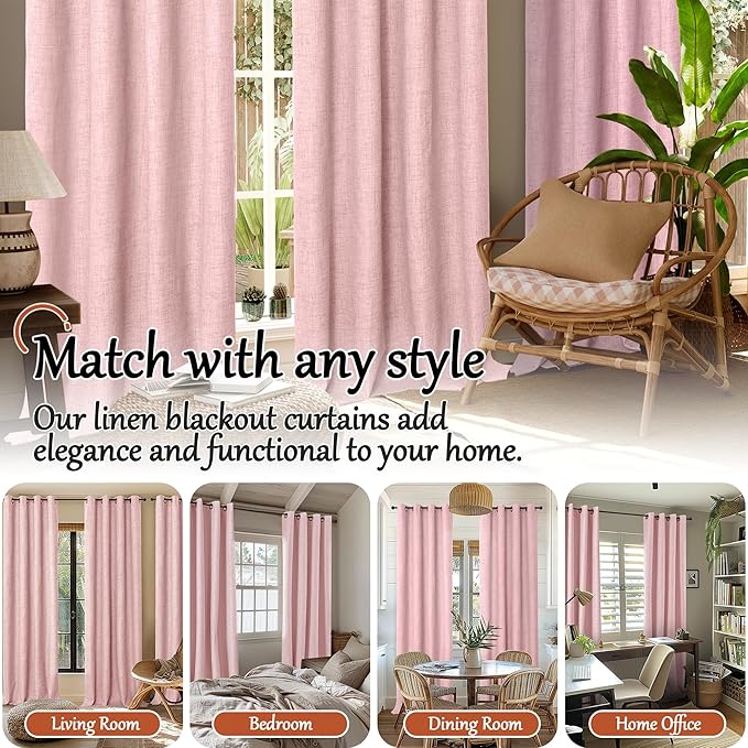 Lajode Baby Pink Linen Blackout Curtains for Nursery 45 Inch Length 2 Panels, Short Thermal Insulated Boho Total Black Out Noise Reducing Small Window Curtains for Girls Bedroom, Each 38 Inch Wide