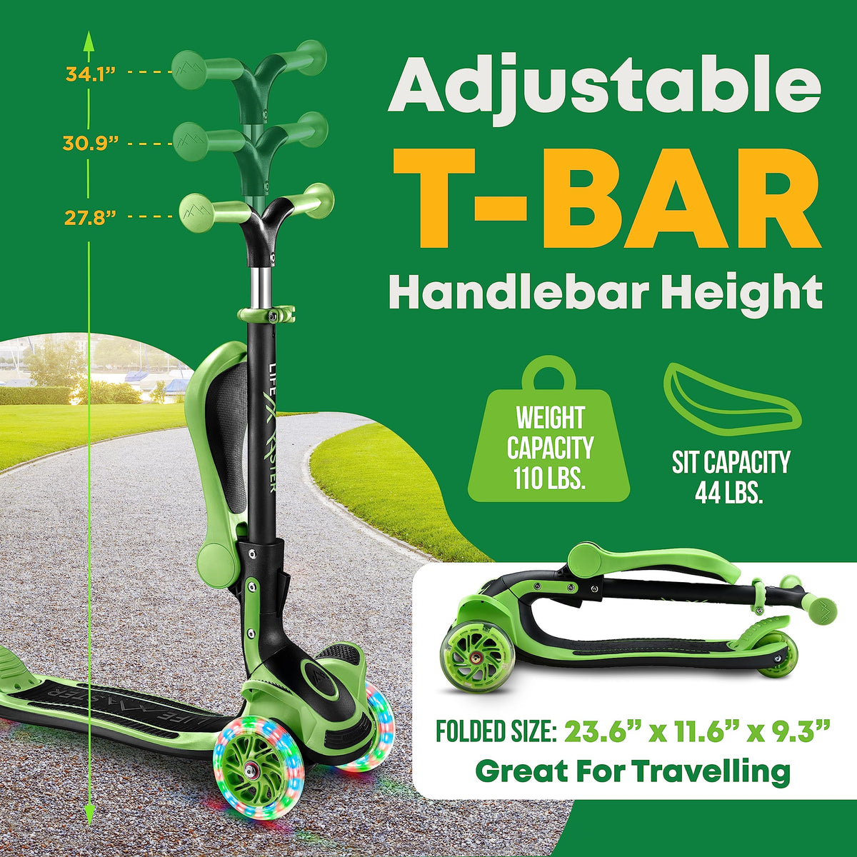 3 Wheel Scooter for Kids with Foldable Seat, Adjustable Handlebar Height, Lean-to-Steer Ride On Toy for Kids Ages 2+, Light-Up LED Wheels, Wide Anti Slip Deck, Indoor & Outdoor Use, Green