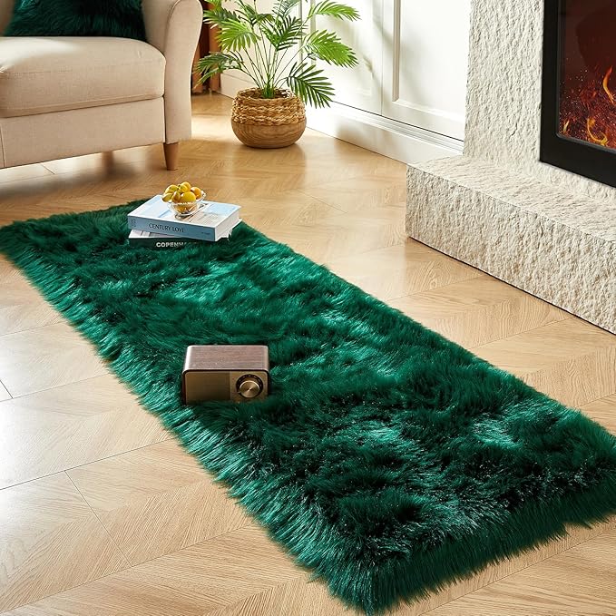 AMTOVO Faux Fur Rug, Dark Green Ultra Soft Fluffy Shag Sheepskin Rug, 2 x 6 ft Runner Area Rugs for Bedroom Sofa Throw Cushion Room Decor, Rectangle