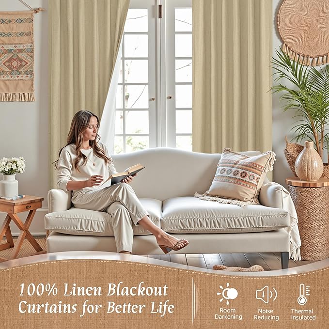 LAMIT 100% Blackout Linen Curtains 63 Inches Long, Linen Textured Living Room Burlap Bedroom Curtains Full Room Darkening Back Tab and Rod Pocket Panels with White Liner, 2 Panels, 60 x 63 Inch