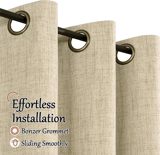 Lajode Faux 100% Blackout Curtains for Bedroom 63 Inch Length 2 Panels, Thermal Insulated Total Light Blocking Noise Reducing Linen Window Curtains for Nursery, Bronze Grommet, Each 52" Wide, Burlap