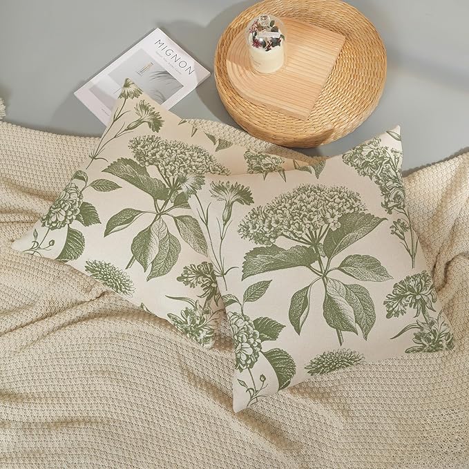 Sage Green Pillow Covers 20x20 Set of 2 Boho Floral Hydrangea Herbs Botanical Throw Pillow Cover Outdoor Decoration Pillow Cases Vintage Flower Linen Cushion Case Decorative for Couch Sofa
