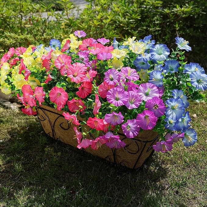 HyeFlora Artificial Flowers for Outdoors Fake Plants Outside Decoration, 12 Bundles Silk Colorful Morning Glory with Eucalyptus UV Resistant Realistic Faux Flowers for Planter Porch Patio Yard Indoor