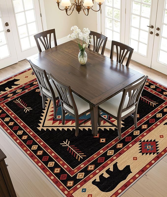 Southwest Rug 4x5 - Native American Bear Cabin Area Rugs for Bedroom Living Room, Rustic Western Machine Washable | Non-Slip | Soft Carpets, Western Room Decor (Red Tan Black)