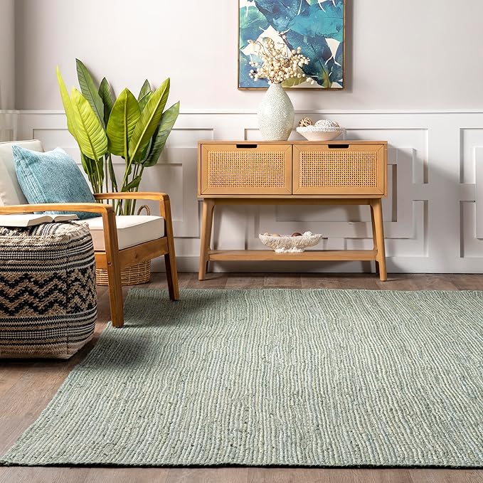 nuLOOM 5x8 Rigo Jute Hand Woven Area Rug, Green, Solid Farmhouse Design, Natural Fiber, For Bedroom, Living Room, Dining Room, Hallway, Office, Kitchen, Entryway