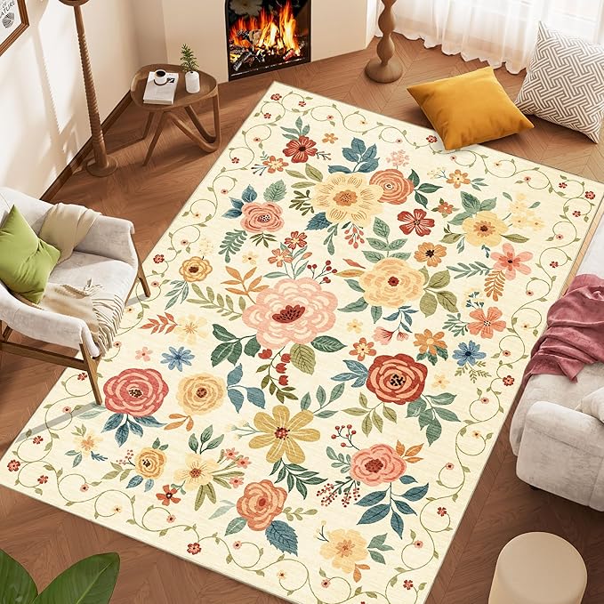 DUKINO 8x10 Area Rug, Floral Rugs for Living Room, Lightweight Non Slip Washable Rug, Indoor Low Pile & Non-Shedding Boho Design Rugs for Bedroom, Living Room, Dining Room, Beige Yellow