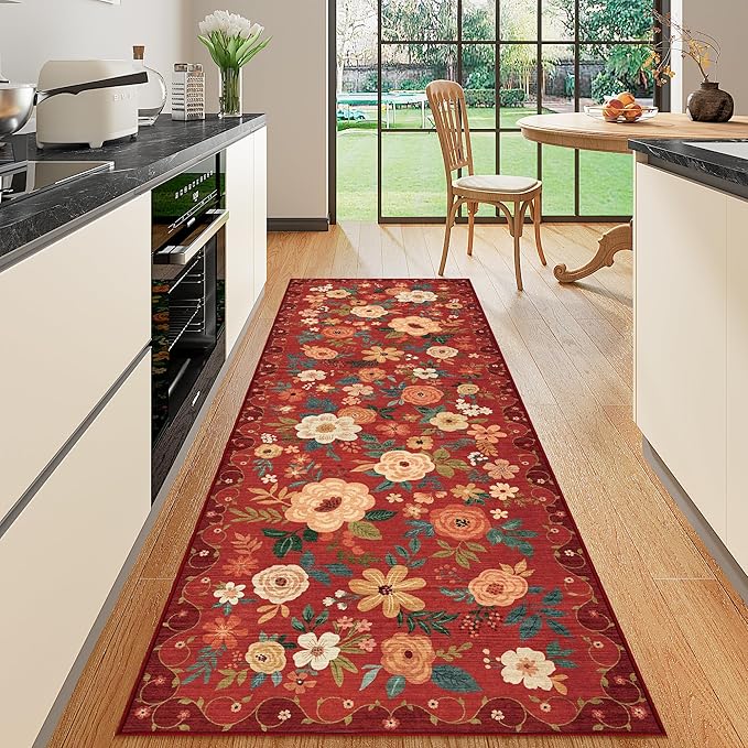 DUKINO 2x6 Runner Rug for Hallway, Washable Kitchen Runner Rug with Non Slip Backing, Low Pile Soft Boho Floral Runner for Kitchen, Hallway, Entryway, Laundry, Bedroom, Red