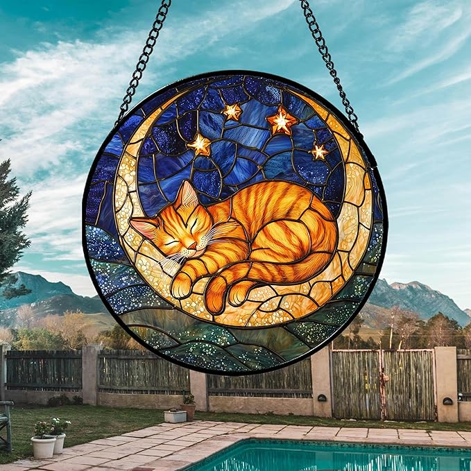 Stained Glass Window Hanging - Orange Moon Sleeping Cat Sun Catcher for Door Home Decor Blue Starry Sky Suncatcher Christmas Mother's Day Birthday Gifts for Women Men Mom Nana 7.8 in