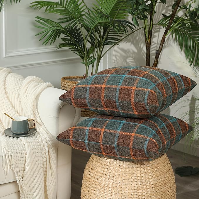 Stellhome Pack of 2 Fall Linen Buffalo Check Decorative Throw Pillow Covers, Farmhouse Plaid Cushion Covers Rustic Retro Decor for Couch Sofa Living Room, 20x20 Inch, Blue and Orange