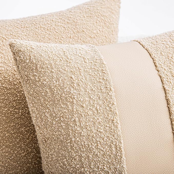 18"x18" Khaki Boucle Throw Pillow Covers with Faux Leather Accents Set of 2 Fluffy Textured Decorative Pillow Cases for Couch Bed Boho Farmhouse Square Cushion Covers for Nordic Home Décor