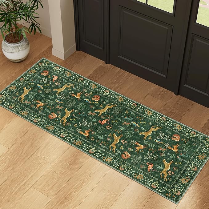 DUKINO 2x5 Rug for Hallway, Washable Kitchen Runner Rug with Non Slip Backing, Soft Low Pile Vintage Animal Runner for Bedroom, Kitchen, Hallway, Entryway, Laundry, Green