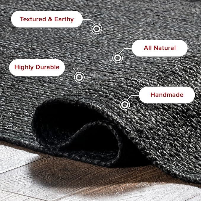 nuLOOM 4 Round Rigo Jute Hand Woven Area Rug, Black, Solid Farmhouse Design, Natural Fiber, For Bedroom, Living Room, Dining Room, Hallway, Office, Kitchen, Entryway