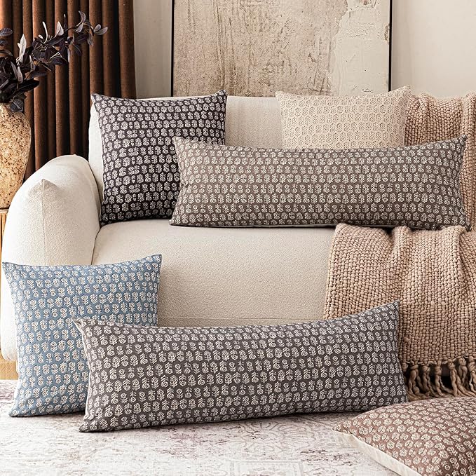 Foindtower Set of 2 Decorative Vintage Long Lumbar Throw Pillow Covers Neutral Modern Farmhouse Cushion Covers Floral Home Decor for Sofa Couch Chair Bedroom Living Room,14×36 Inch,Rustic Gray