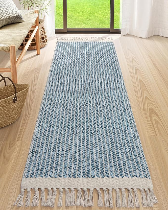 Lahome Boho Kitchen Runner Rug, 2'6''x8 Runners for Hallways Lightweight Bathroom Rug Woven Cotton Throw Mat with Tassels, Farmhouse Blue Runner Rugs Non Shedding Rugs for Laundry Room Rv Decor