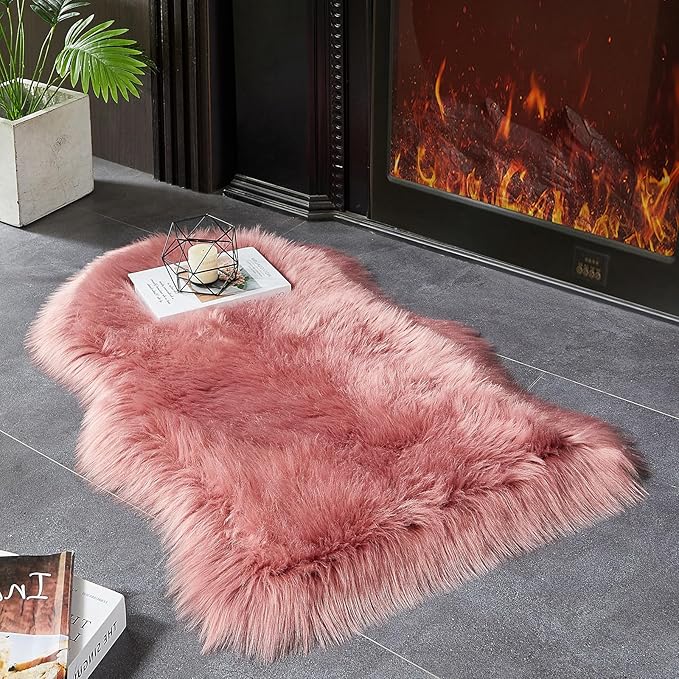 AMTOVO Faux Fur Rug, Blush Pink Small Area Rug, Fluffy Sheepskin Rug, Fuzzy Ultra Soft 2 x 3 ft Shag Rugs for Bedroom Sofa Throw Cushion Room Decor, Sheepskin