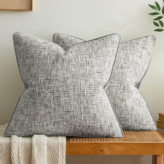 a moment Grey Reversible Pillow Covers 2 Pack - Farmhouse Chenille Throw Pillows, Neutral Textured Decorative Throw Pillow Covers with Border for Couch Sofa Bed (18x18 Inch, No Insert)