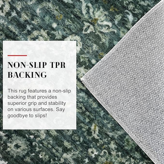 Vintage Entryway Rug 2x3 Washable, Dark Green White Kitchen Rug, Super Soft Thin Faux Wool Small Area Rug, Non-Slip Accent Mat for Foyer, Bedroom, Office