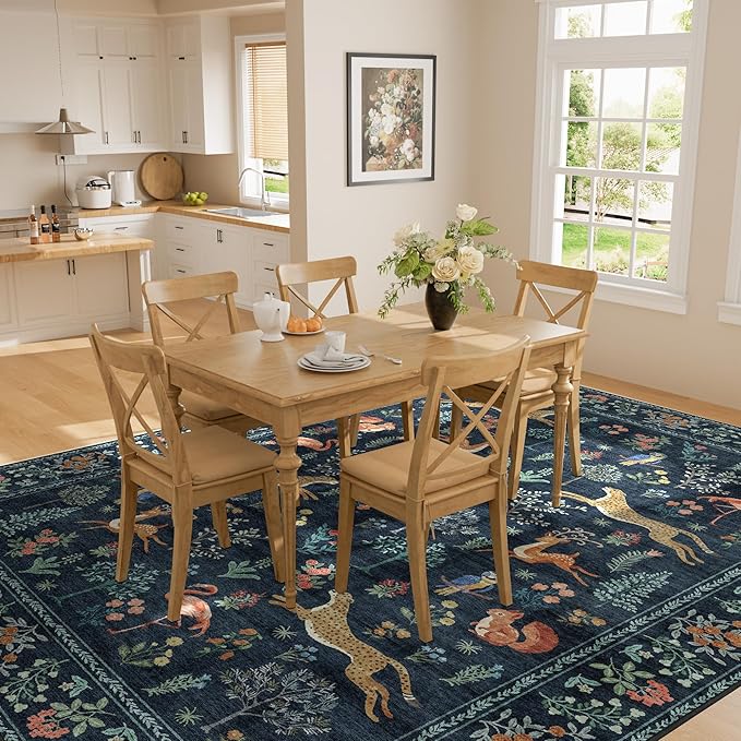 DUKINO 6x9 Rug, Washable Animal Living Room Rug with Non Slip Vintage Design, Soft Low Pile Large Carpet for Bedroom, Nursery, Dining Room, Farmhouse, Playroom, Navy Blue