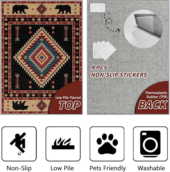 Southwest Rug 4x5 - Native American Bear Cabin Area Rugs for Bedroom Living Room, Rustic Western Machine Washable | Non-Slip | Soft Carpets, Western Room Decor (Red Tan Black)