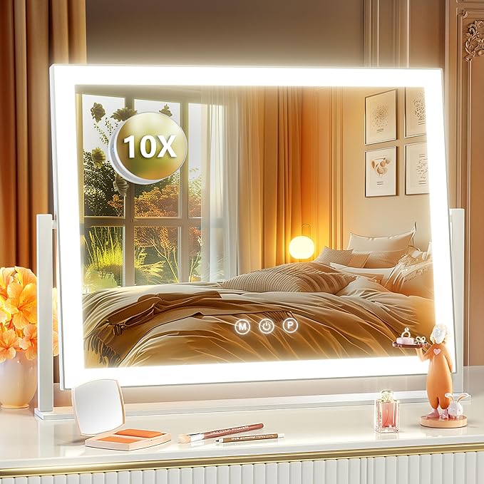 Lighted Makeup Mirror, 17.3"x13" Hollywood Vanity Mirror with Led Lights, Three Color Lighting Modes, and 10X Magnification Mirror, Smart Touch Control, 360°Rotation (White, Gift Box)