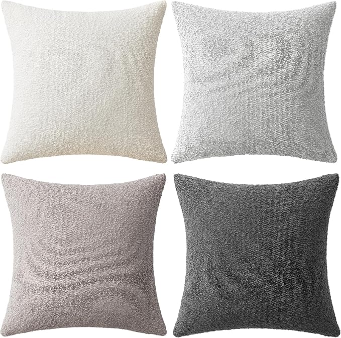 MIULEE Pack of 4 Decorative Textured Boucle Throw Pillow Covers 18x18 Inch Neutral Grey Accent Solid Pillow Cases Couch Cushion Covers for Modern Farmhouse Boho Chair Sofa Bed Livingroom Home Decor