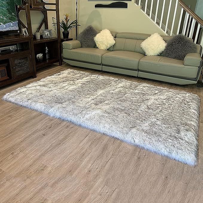 LAMBZY High Pile Super Fluffy Soft Faux Sheepskin Rug | Faux Sheepskin Rugs for Living Room Playroom Bedroom | Classic Super Soft to Touch Rug (8'x11', White/Black Tips)