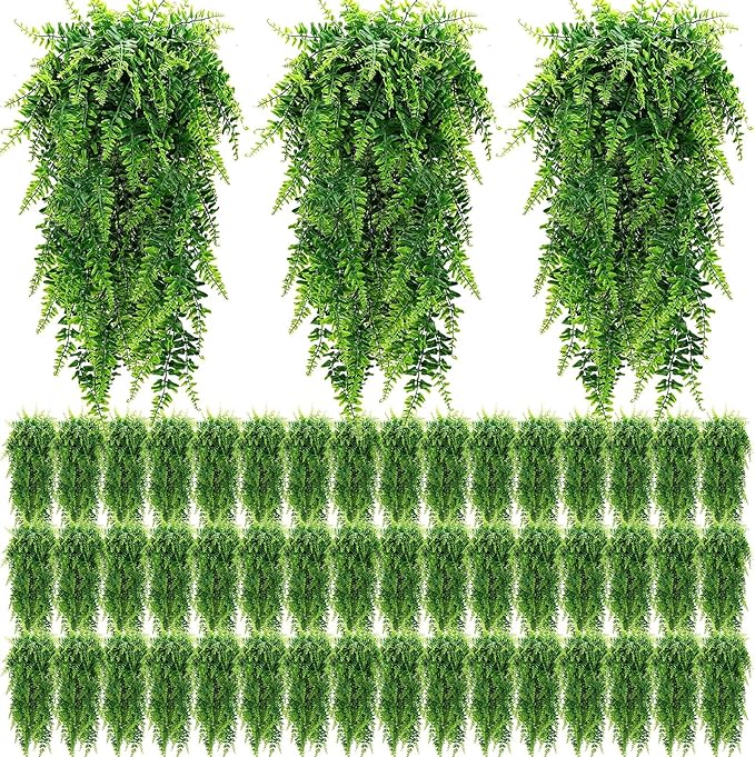 Geosar 96 Pcs Artificial Hanging Plants 32 Inch Hanging Boston Ferns Plastic Fake Plants for Wall Room Garden Wedding Garland Indoor Outdoor Decoration, No Basket
