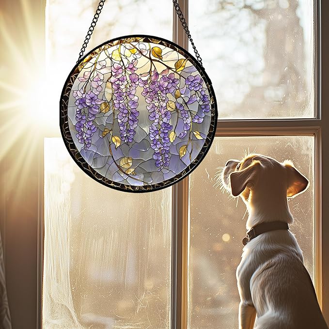 Stained Glass Window Hanging - Wisteria Flower Golden Leaves Sun Catcher for Door Home Decor Plant Suncatcher Christmas Mother's Day Birthday Gifts for Women Men Lovers Mom Nana 11.8 in