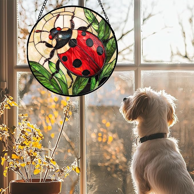 Stained Glass Window Hanging - Red Seven-Spotted Ladybug Sun Catcher for Door Home Decor Insect Suncatcher Christmas Mother's Day Birthday Gifts for Women Men Mom Nana 9.8 in